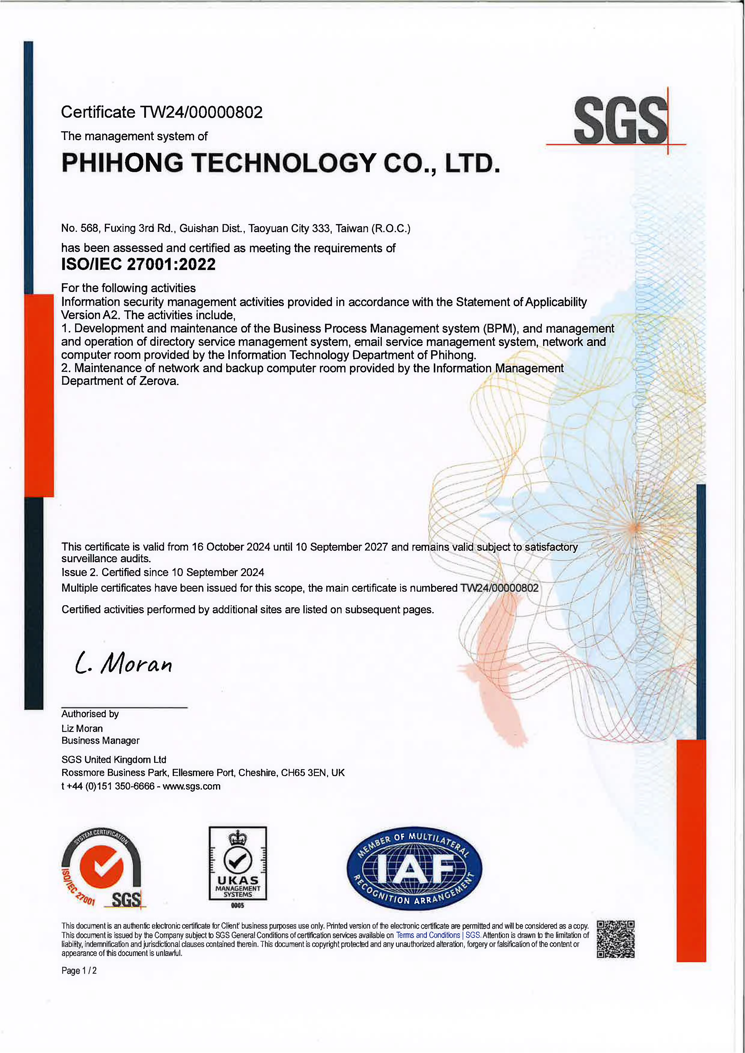 ISO27001 Certificate PHZRV 1